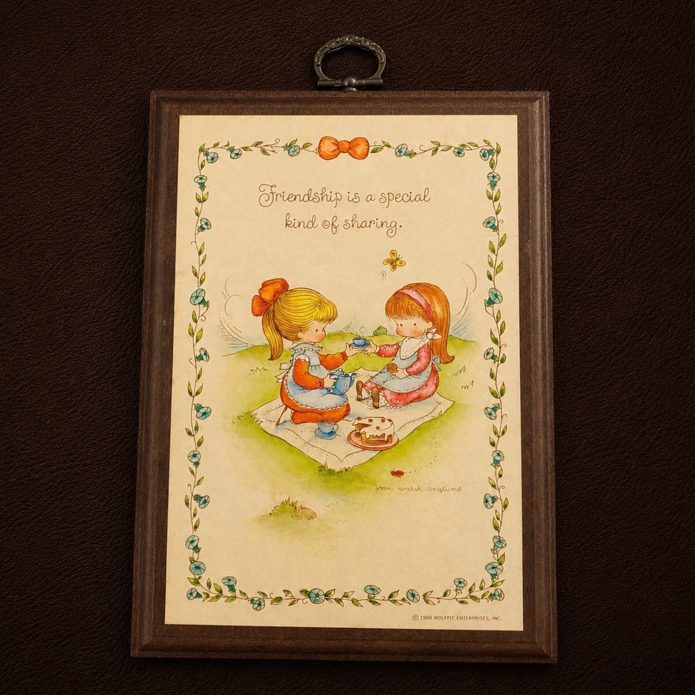 Vintage Joan Walsh Anglund Hallmark Wood Plaque Friendship Picnic Art 7x5
